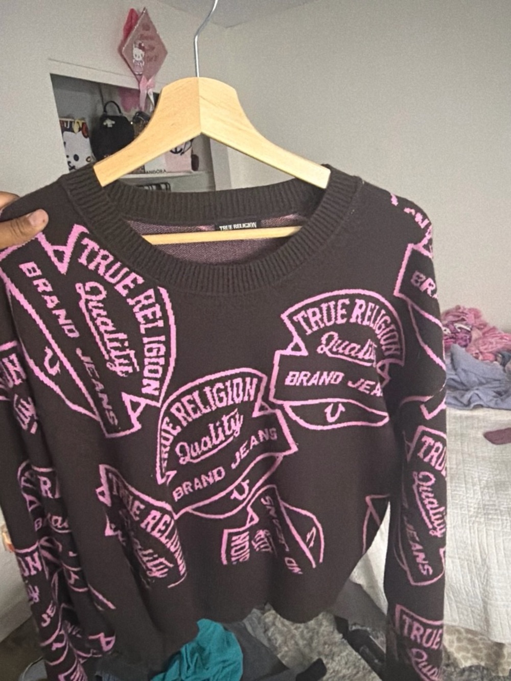 True Religion Black Sweater with Pink Logo Pattern V-Neck